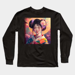 Geisha Japanese Anime Illustration Candy Colors Long Sleeve T-Shirt